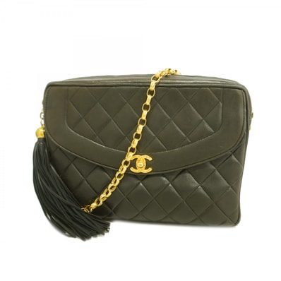 【6dd4286-k】シャネル ショルダーバッグ マトラッセ フリンジ付きチェーンショルダー ラムスキン ブラック ゴールド金具【中古】レディース