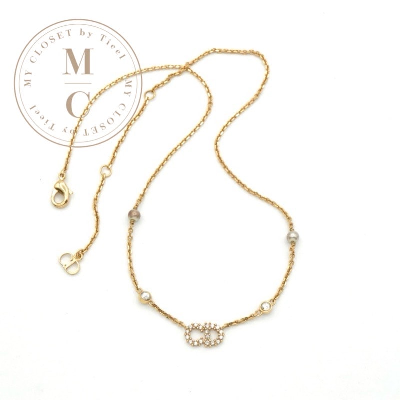 クリスチャンディオール CHRISTIAN DIOR ClairDLune ゴールド CDロゴ ネックレス パール ラインストーン