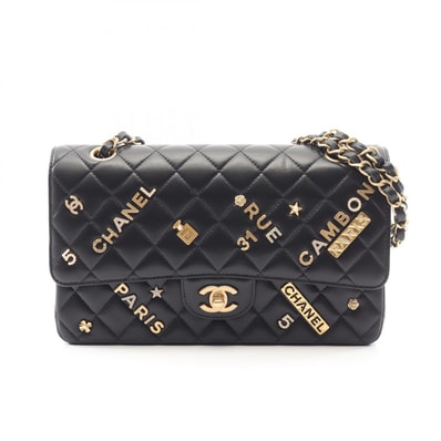 シャネル CHANEL マトラッセ Wフラップ アイコンチャーム ショルダーバッグ バッグ ラムスキン(羊革) レディース ブラック系 A01112 【中古】