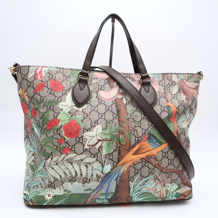 GUCCI(グッチ)ティアン GGスプリーム 2WAY トートバッグ ハンドバッグ ショルダーバッグ フローラル バード マルチカラー PVC レザー ゴールド金具【中古】