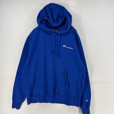 古着 チャンピオン Champion パーカー スウェット プルオーバー リバースウィーブ ワンポイントロゴ L ブルー 無地 メンズ
