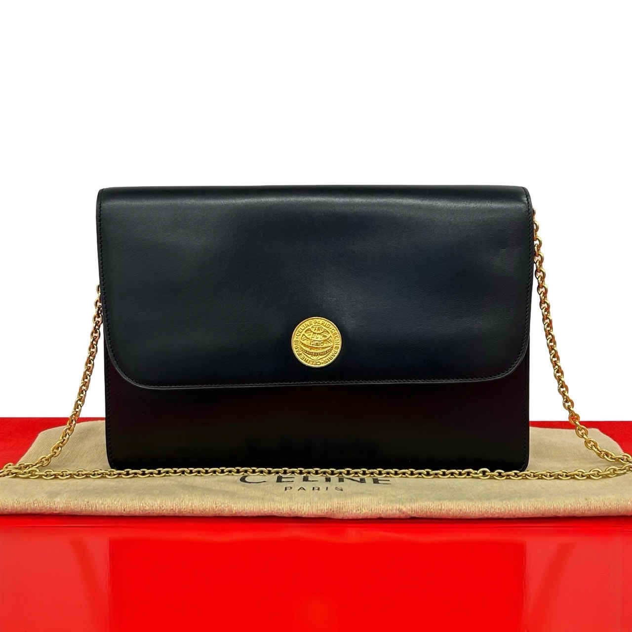 CELINE セリーヌ メダリオン サークル 地球儀 ロゴ 金具 レザー ショルダーバッグ ブラック
 77533