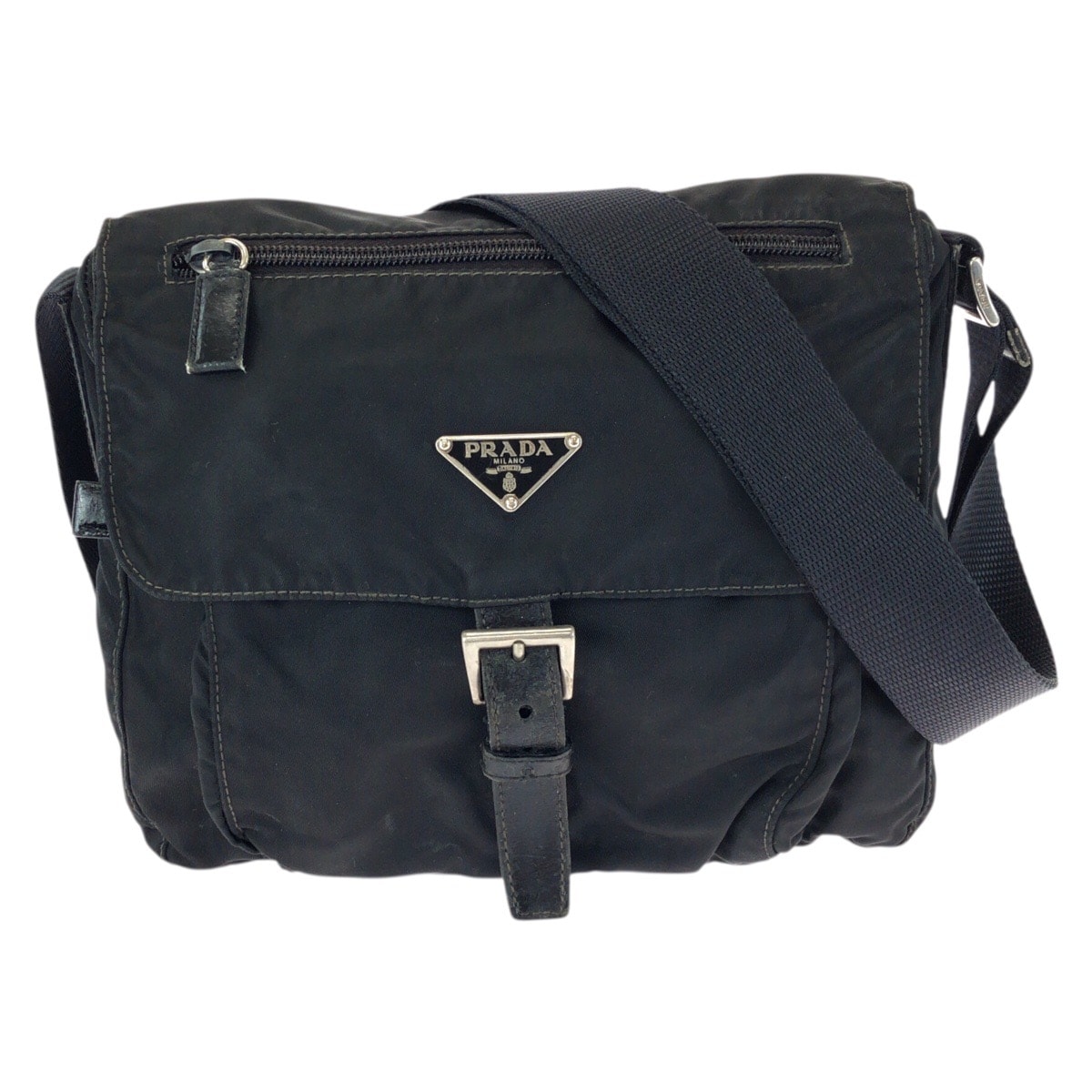 PRADA プラダ テスート 三角ロゴプレート ブラック 黒 シルバー金具 ナイロン レザー/ ショルダーバッグ メッセンジャーバッグ 500294 【中古】