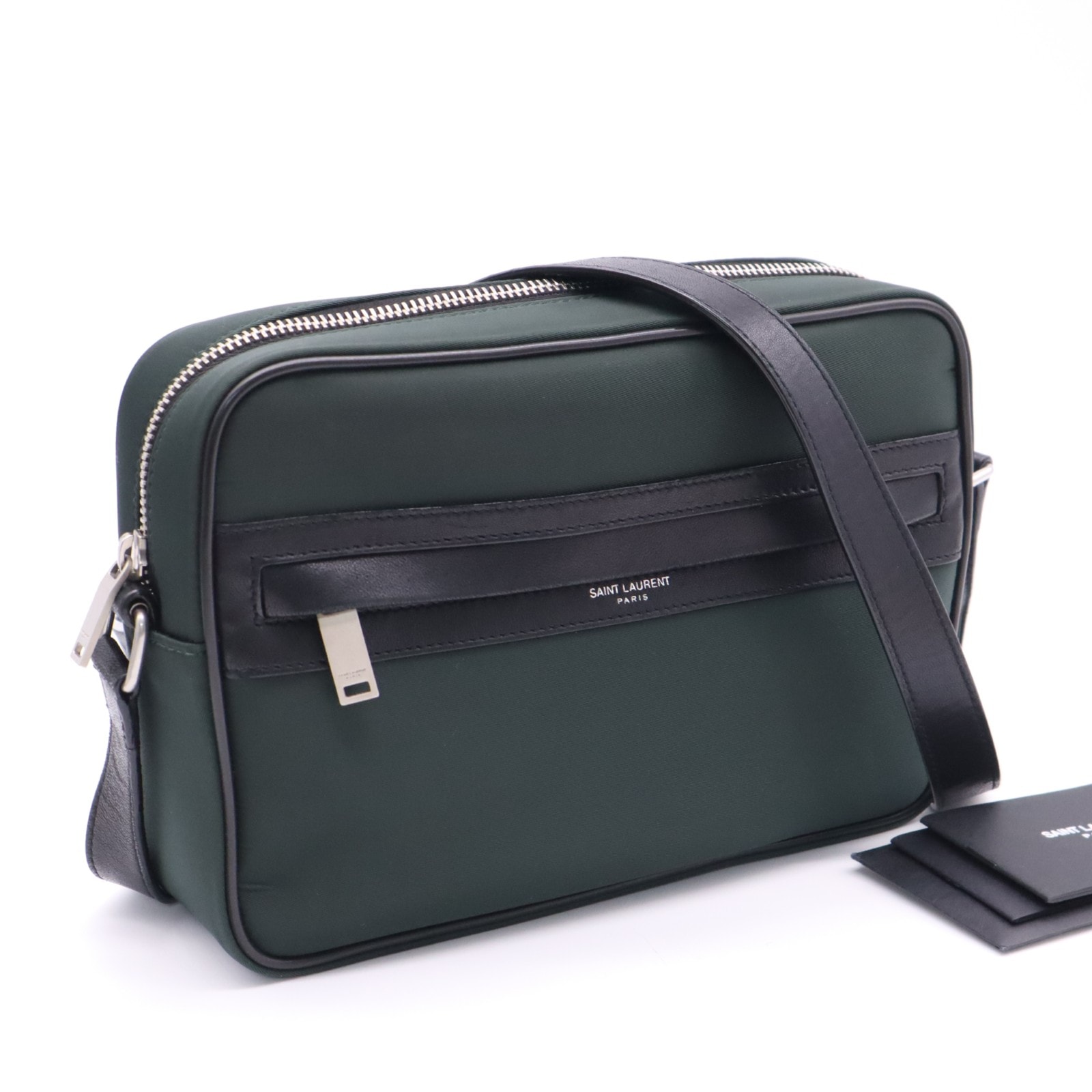 美品 SAINT LAURENT サンローラン キャンプ カメラバッグ 644276 ショルダーバッグ グリーン ブラック レザー リサイクルナイロン メンズ