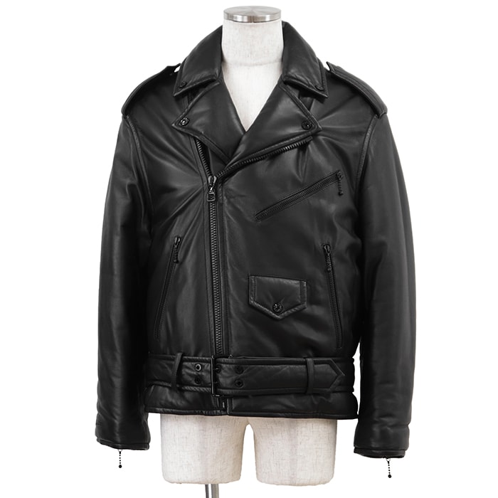 【美品】LOUIS VUITTON ルイ・ヴィトン パデッドライダースジャケット サイズ 46 メンズ レザー ベルテッド ロゴボタン 中綿 アウター ブラック 黒 イタリア製