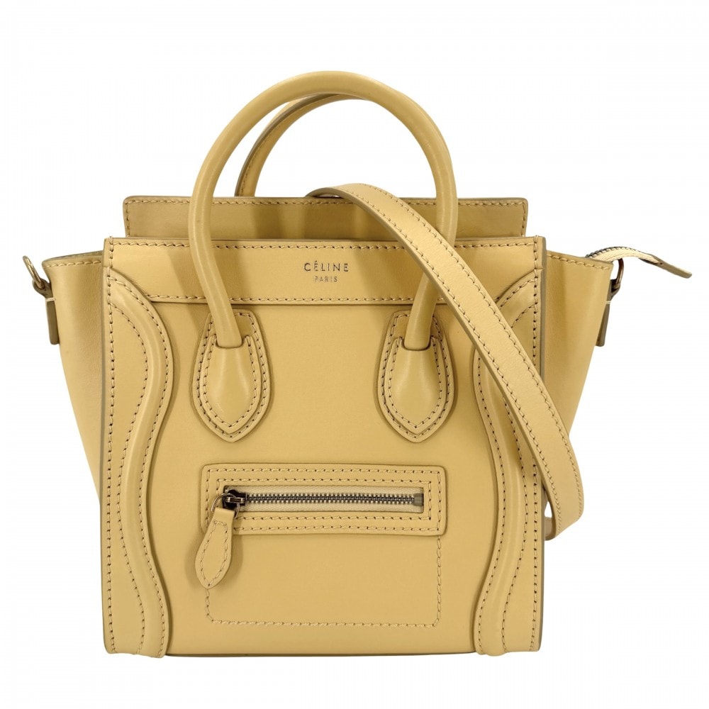 CELINE セリーヌ 2WAY ラゲージナノショッパー ハンドバッグ ショルダーバッグ 肩掛け 斜め掛け レザー イエロー ゴールド金具 レディース【中古品】