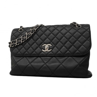 【6dd4108】シャネル ショルダーバッグ デカマトラッセ Wチェーン ラムスキン ブラック シルバー金具【中古】レディース