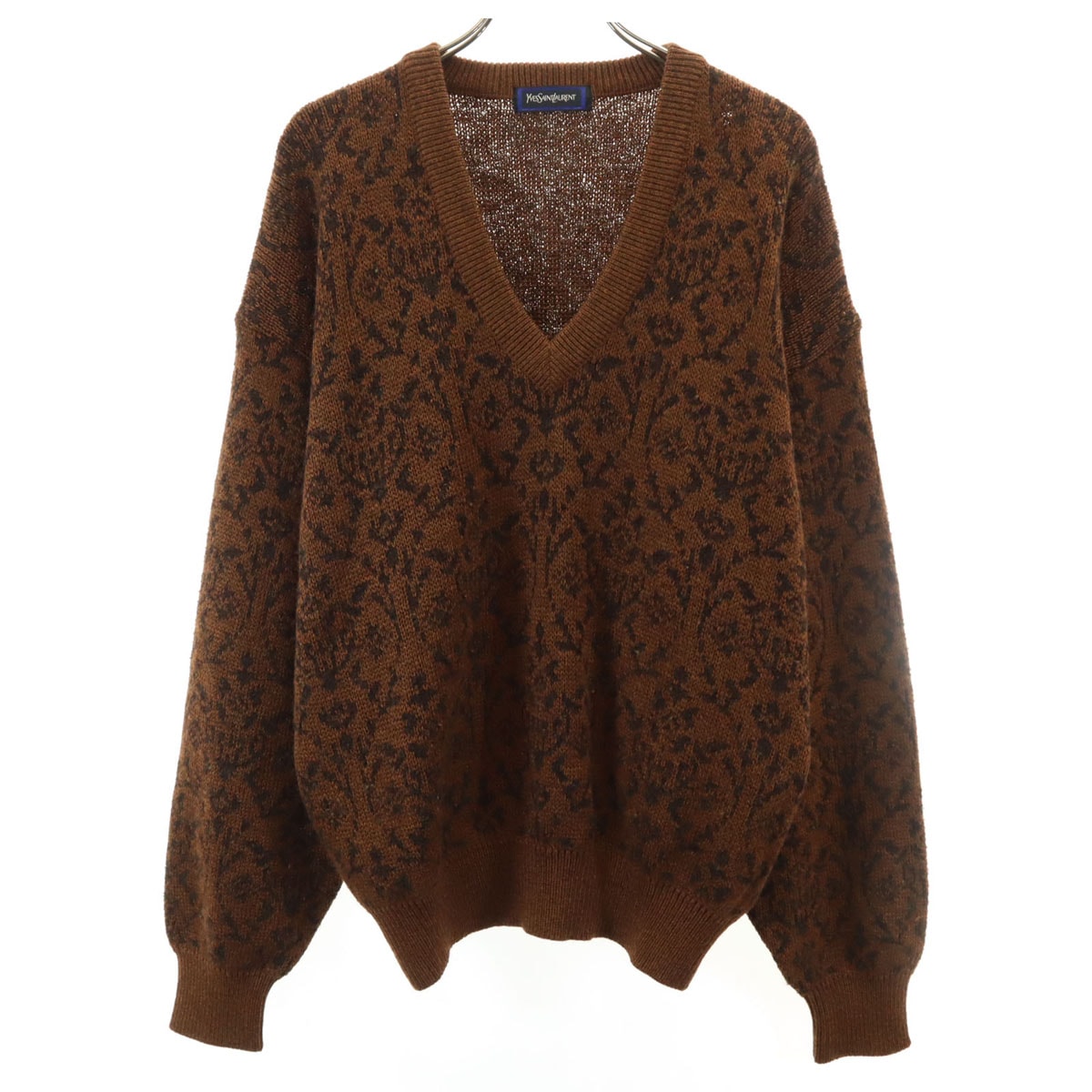 YVES SAINT LAURENT イヴサンローラン 90s オールド 総柄 長袖 Vネック セーター M ブラウン ニット