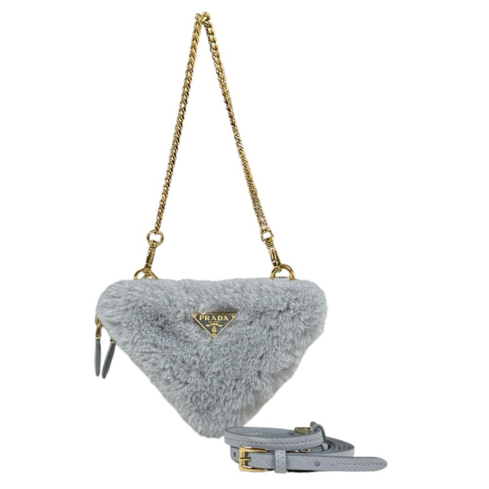 プラダ トライアングルWミニポーチ  サフィアーノ ショルダーバッグ レザー 1NR015 グレー レディース PRADA  中古