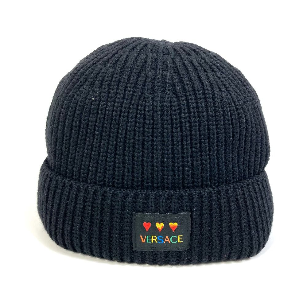 ヴェルサーチ ハート ロゴパッチ ケーブル編み ビーニー ニットキャップ 美品