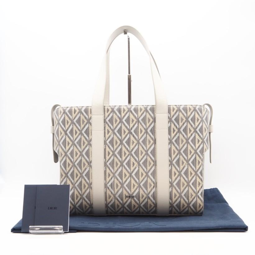 極美品 Dior ディオール CDダイヤモンド レザー コロール 1TNSH050CDP_H40E トートバッグ グレー ホワイト レザー メンズ