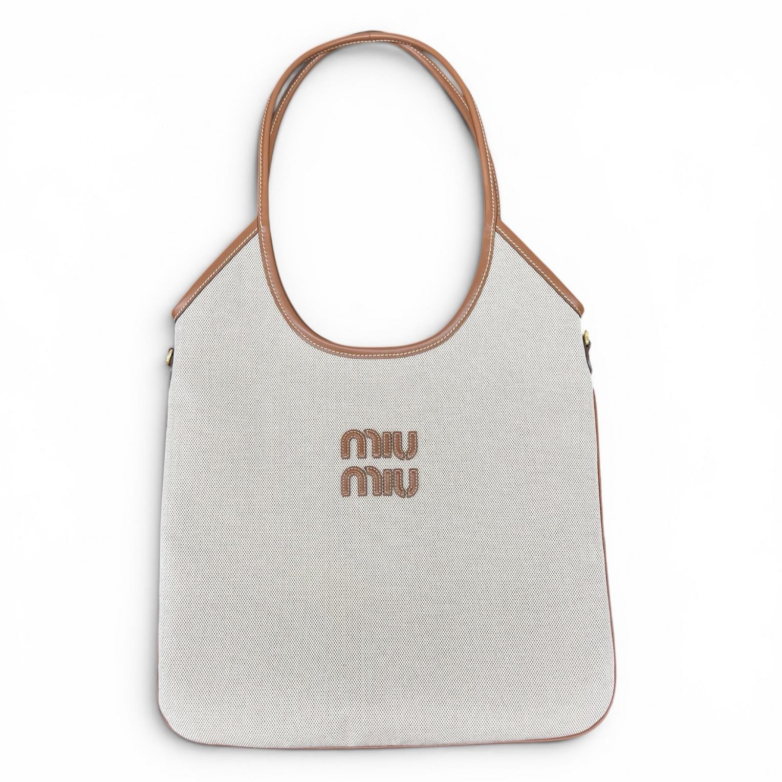 miumiu 展示品級 美品 ミュウミュウ Ivy キャンバスxレザー バッグ トートバッグ 5BG231 RFID確認済 キャンバス レザー ベージュ ブランデー 肩掛け ショルダー ハンドバッグ アイビー SAランク 中古 鑑定済
