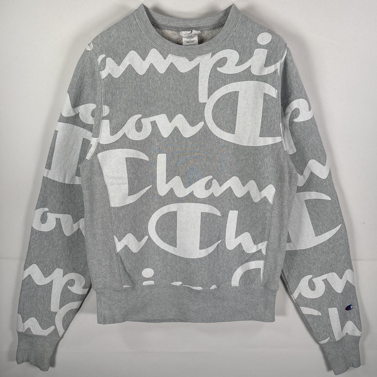 古着 チャンピオン Champion スウェット リバースウィーブ ラバープリント クルーネック 厚手 SMALL(JPN L)  グレー メンズ
