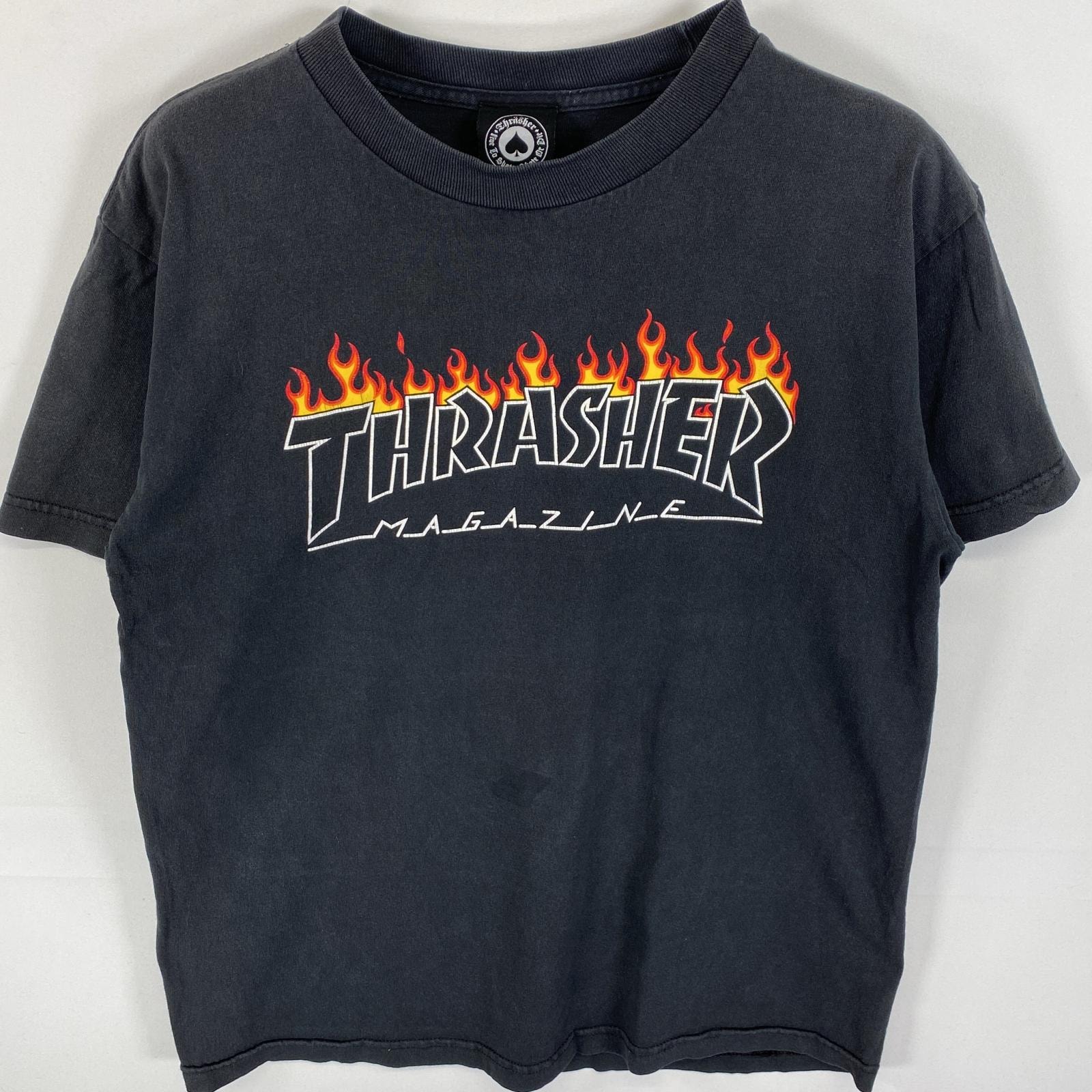 古着 スラッシャー THRASHER 半袖Tシャツ ラバープリント ブランドロゴ ファイヤーパターン M ブラック メンズ