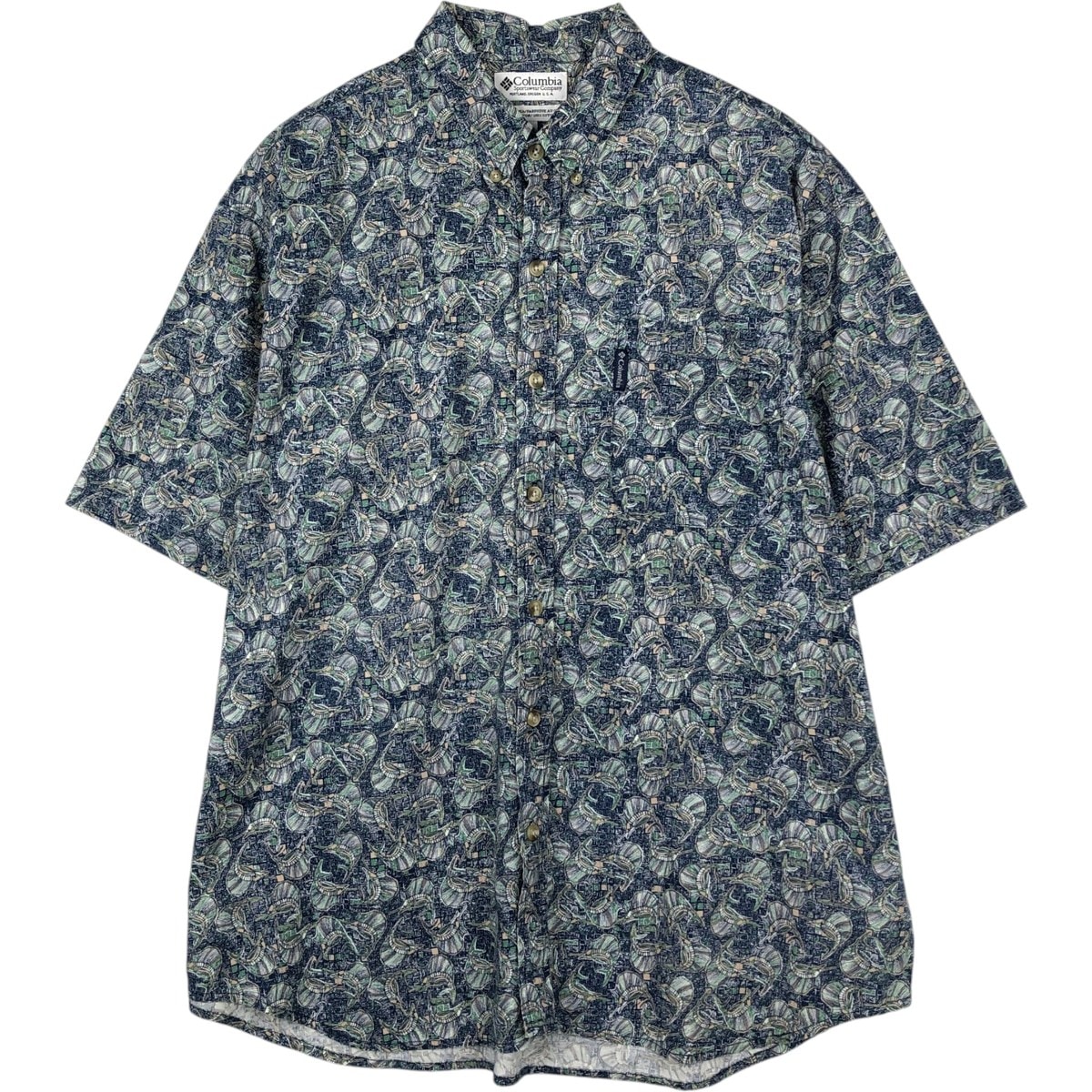 古着 90~00年代 コロンビア Columbia 総柄 魚柄 半袖 ボタンダウンシャツ メンズXL相当 ヴィンテージ/eaa623269