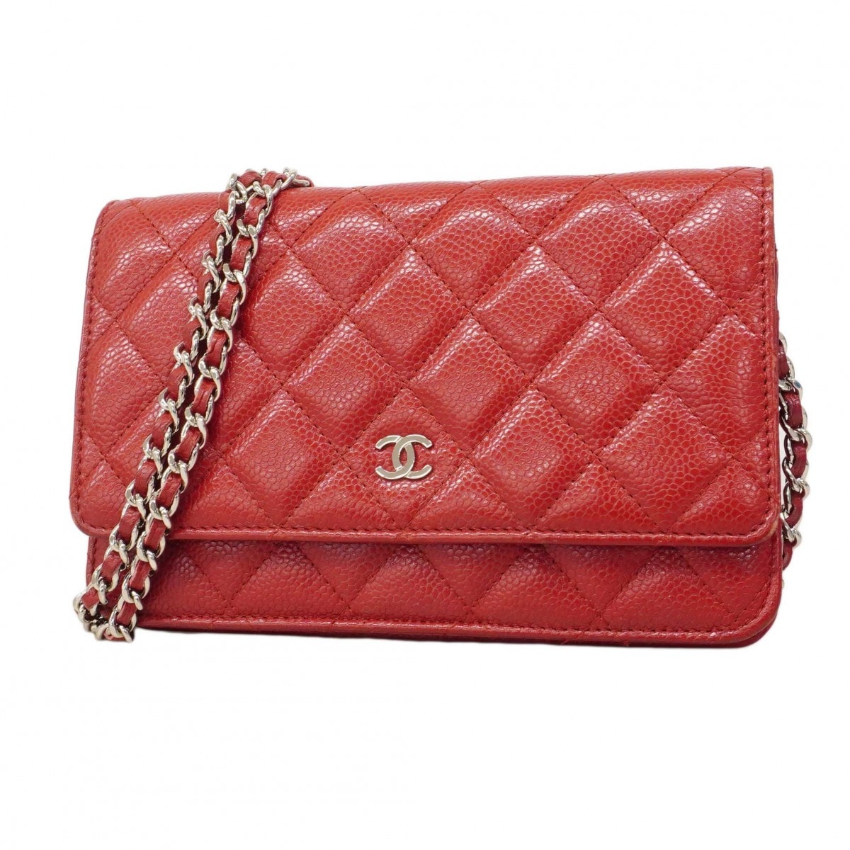 【6dd4655】シャネル ショルダーウォレット マトラッセ チェーンショルダー キャビアスキン レッド シルバー金具【中古】レディース