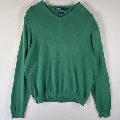 古着 ポロバイラルフローレン Polo by Ralph Lauren コットンニットセーター Vネック ワンポイントロゴ 大きいサイズ 14041 グリーン メンズ