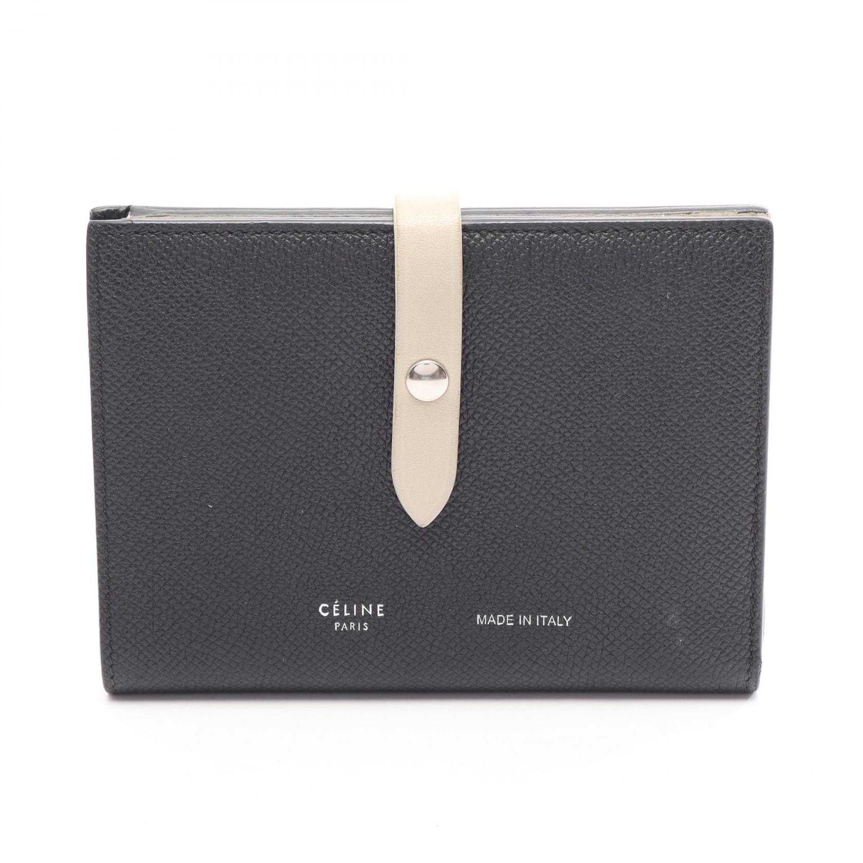 セリーヌ CELINE ストラップ ミディアム マルチ ファンクション 二つ折り財布 財布 レザー レディース ブラック系 / ベージュ系 104813A15 38BJ 【中古】