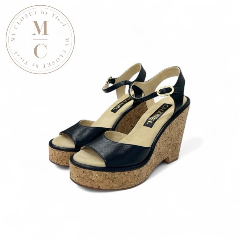 シャネル CHANEL サンダル 靴 シューズ レザー コルク ブラック ブラウン ココマーク ウェッジソール ストラップ