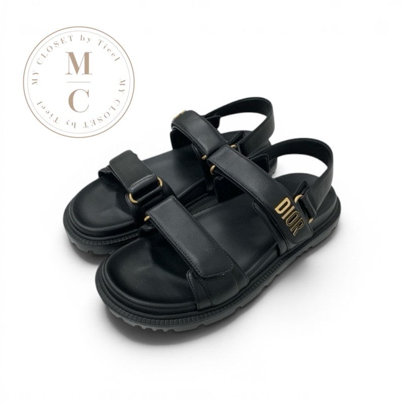 クリスチャンディオール CHRISTIAN DIOR DIORACT サンダル 靴 シューズ レザー ブラック 黒 未使用 ロゴ フラット