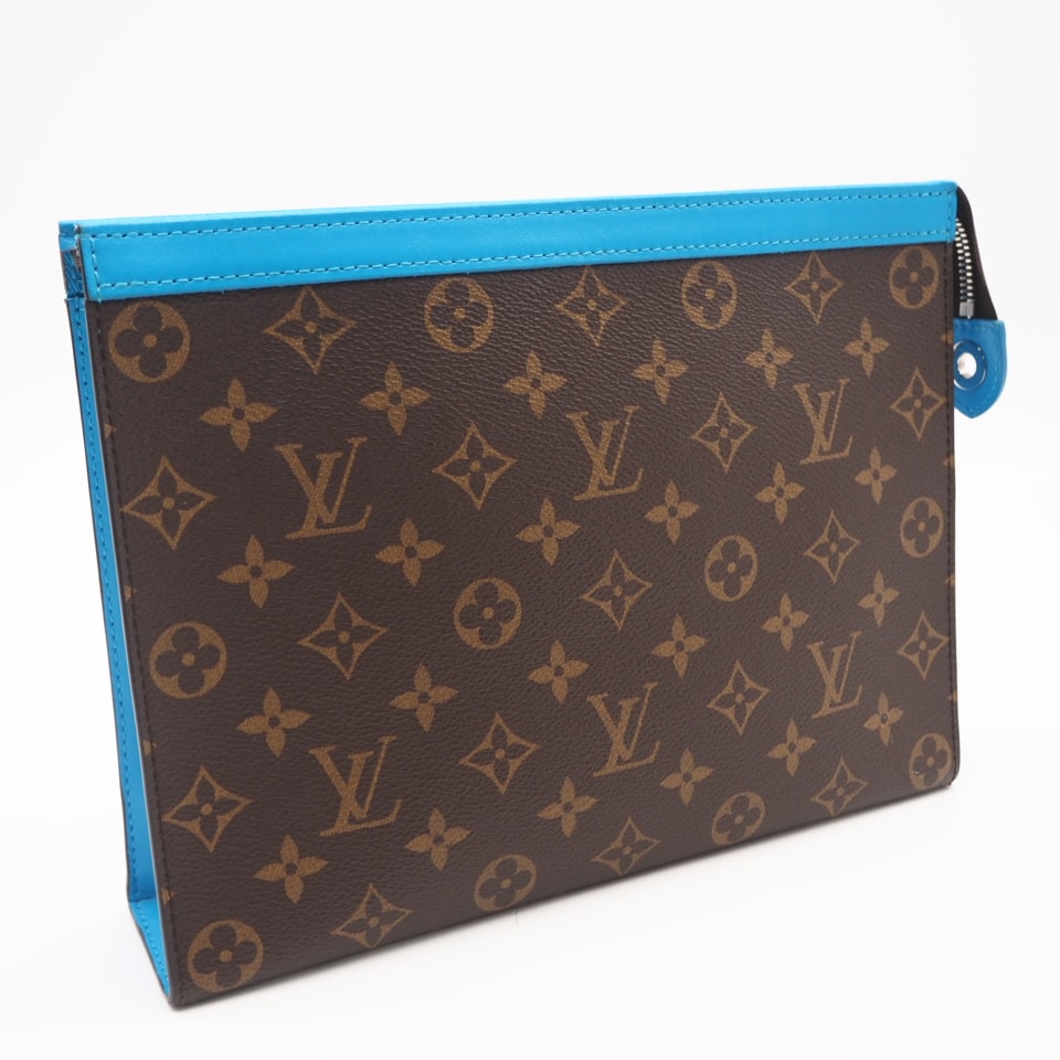美品 LOUIS VUITTON ルイ・ヴィトン モノグラム マカサー ポシェット ヴォワヤージュ M12815 クラッチバッグ ブラウン ベージュ ブルー コーティングキャンバス レザー メンズ