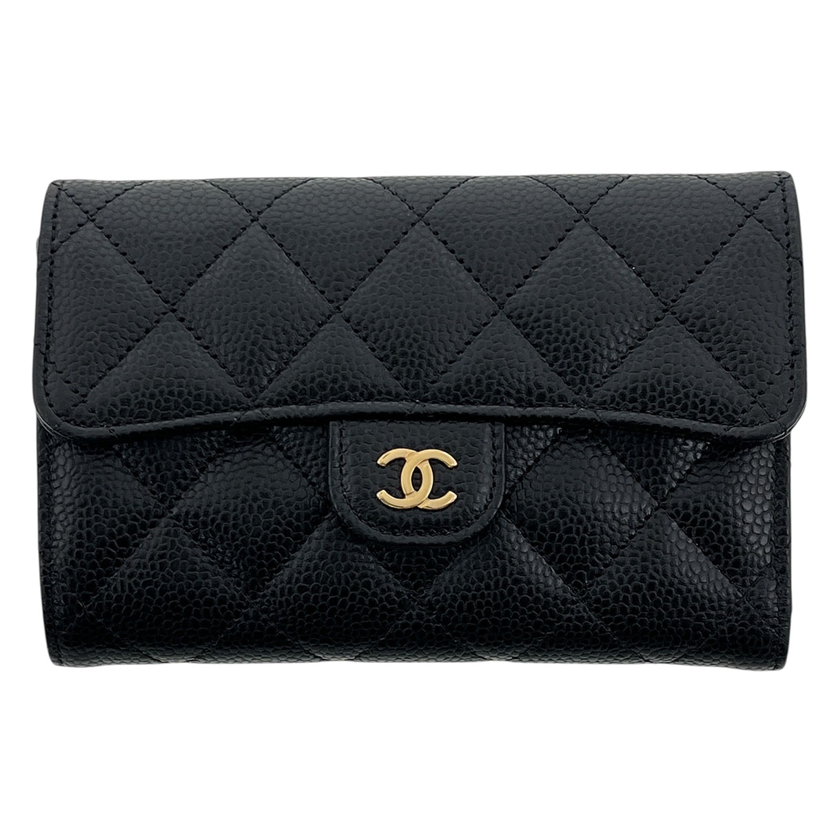CHANEL シャネル マトラッセ ミディアム フラップ ウォレット 三つ折り財布 AP0232 キャビアスキン ブラック ゴールド金具  レディース【中古】