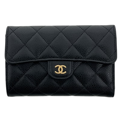CHANEL シャネル マトラッセ ミディアム フラップ ウォレット 三つ折り財布 AP0232 キャビアスキン ブラック ゴールド金具 レディース【中古】