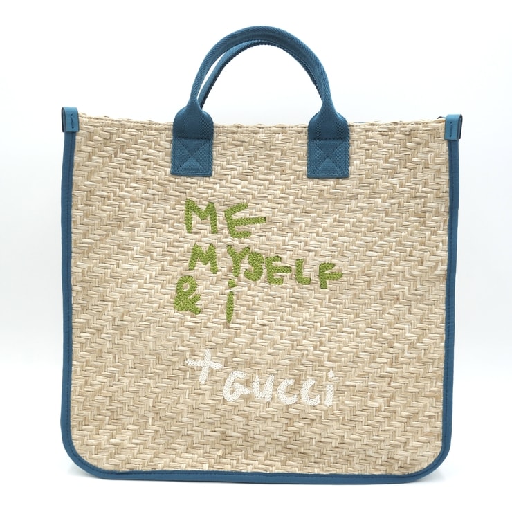 GUCCI(グッチ)Me Myself & I チルドレンズ トートバッグ ラフィア風 ベージュ ブルー 刺繍 イタリア製 605637【中古】