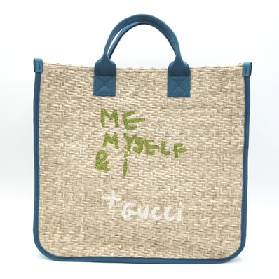 GUCCI(グッチ)Me Myself & I チルドレンズ トートバッグ ラフィア風 ベージュ ブルー 刺繍 イタリア製 605637【中古】