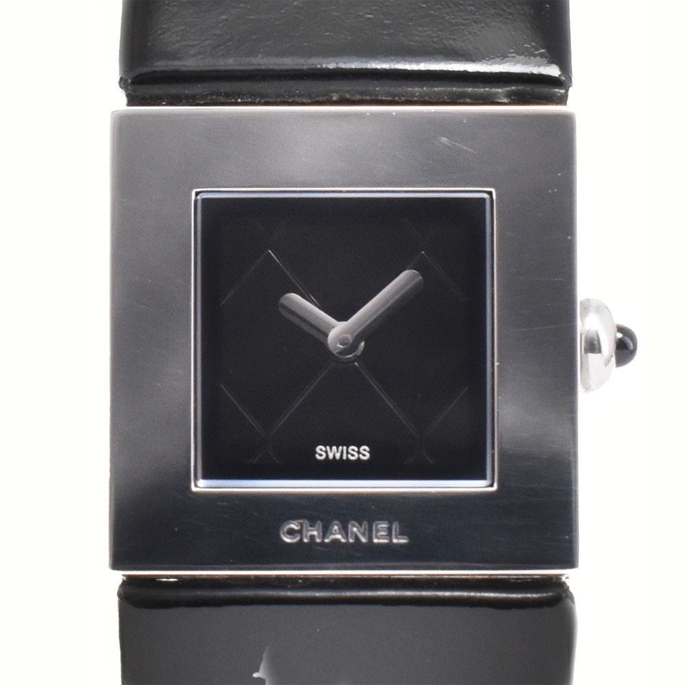 値下 シャネル CHANEL H0116 マトラッセ SS/レザー ブラック クォーツ レディース 腕時計 D#146388