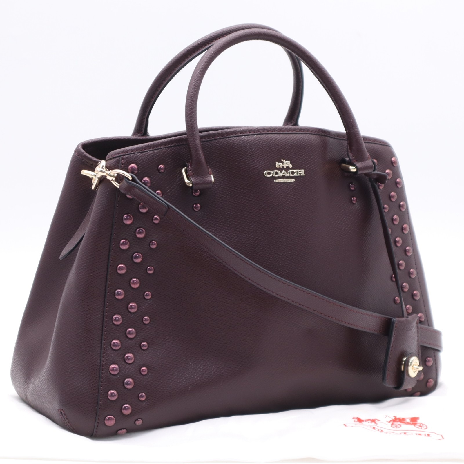 美品 COACH コーチ レザー ラグジュアリー スタッズ スモール マーゴット キャリーオール F35221 2wayハンドバッグ ボルドー レザー レディース