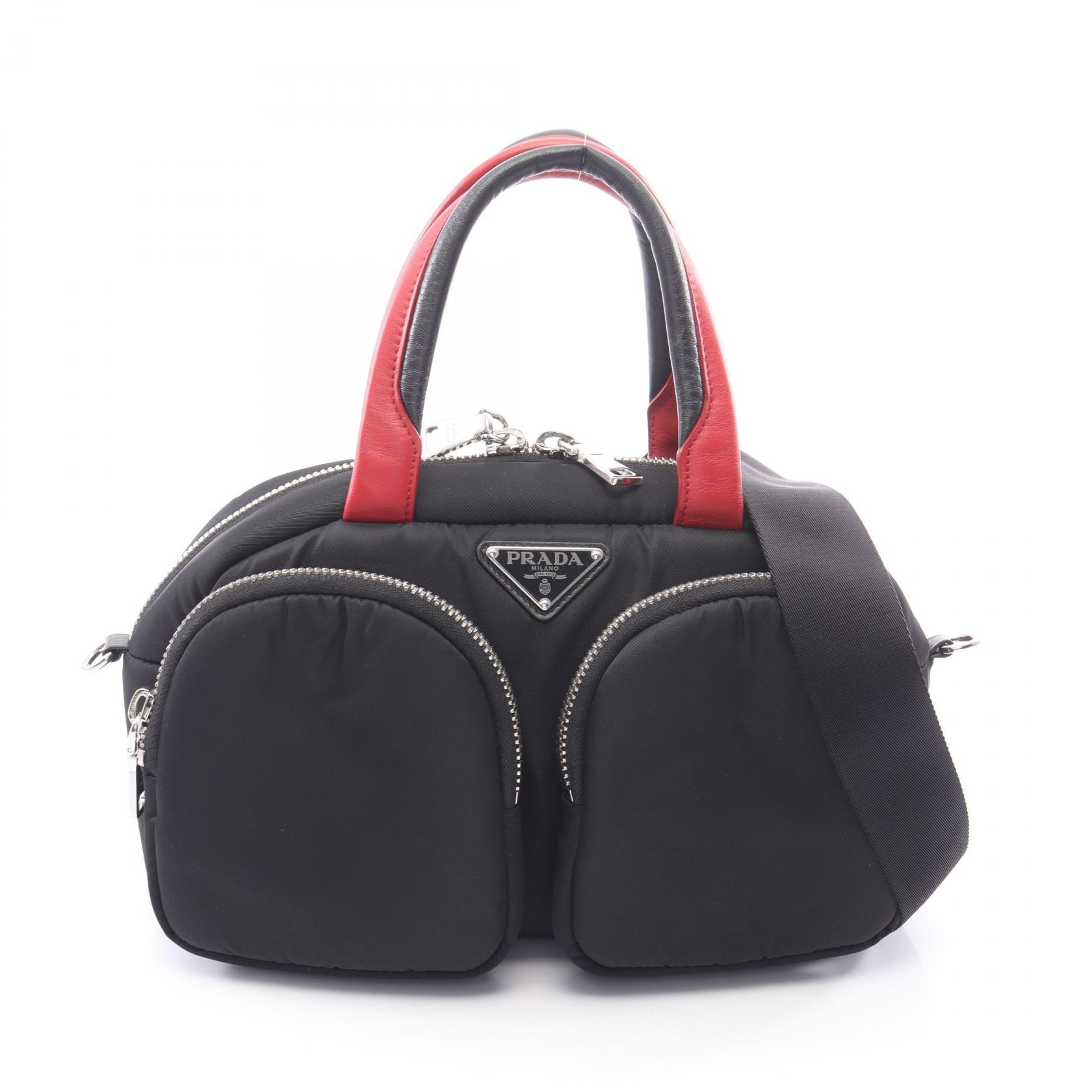 プラダ PRADA トライアングルロゴ 2WAY ハンドバッグ バッグ ナイロン レザー レディース ブラック系 / レッド系 【中古】
