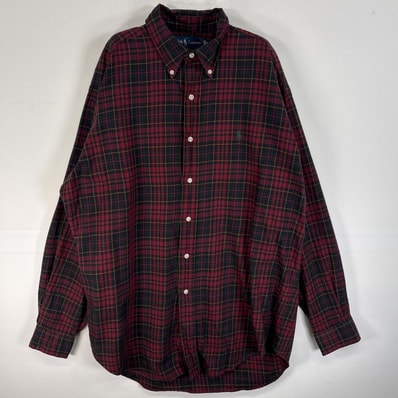 古着 90's/90年代 ラルフローレン RALPH LAUREN 長袖シャツ チェック柄 ロゴ 刺繍 ボタンダウン M ワインレッド系 マルチカラー メンズ
