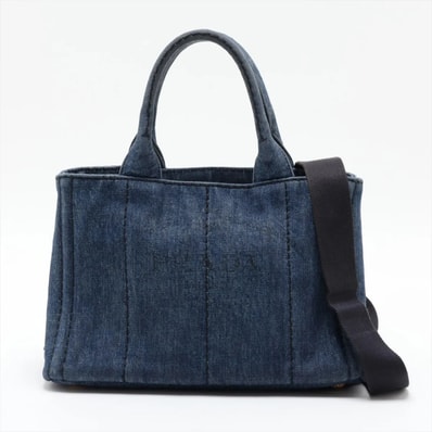 ■美品 プラダカナパ デニム ブルー トライアングルロゴショルダーバッグ