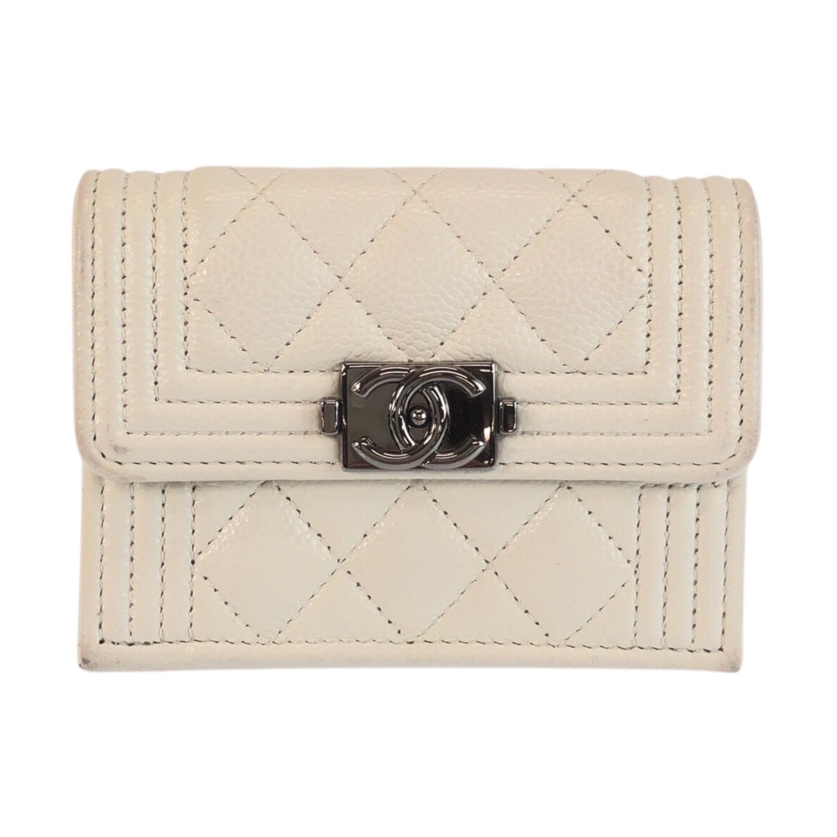 美品 CHANEL シャネル ボーイシャネル ココマーク ホワイト シルバー金具 レザー 折り財布 コンパクトウォレット 602007 【中古】