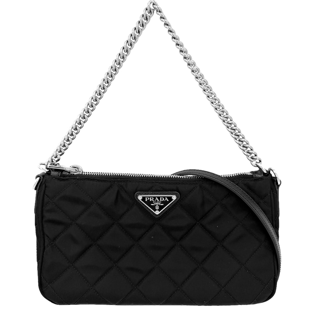 PRADA プラダ 2WAY キルティング ハンドバッグ ショルダーバッグ 肩掛け 斜め掛け トライアングルロゴ 1BH026 ナイロン レザー ブラック 黒 シルバー金具 レディース 美品【中古品】