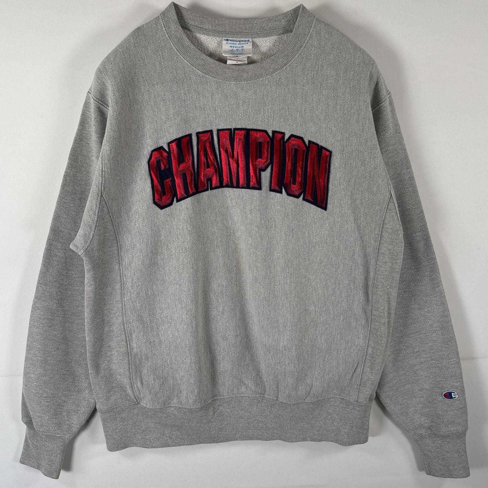 古着 チャンピオン Champion スウェット リバースウィーブ 復刻 ビッグロゴワッペン トレーナー クルーネック MEDIUM グレー メンズ