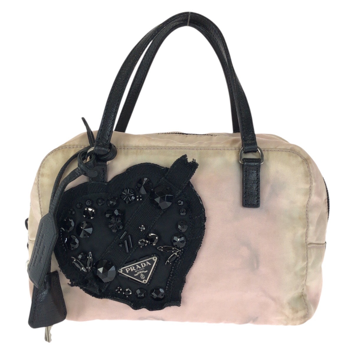 PRADA プラダ テスート 三角ロゴプレート ビジュー ピンク ブラック シルバー金具 ナイロン ハンドバッグ 602574 【中古】