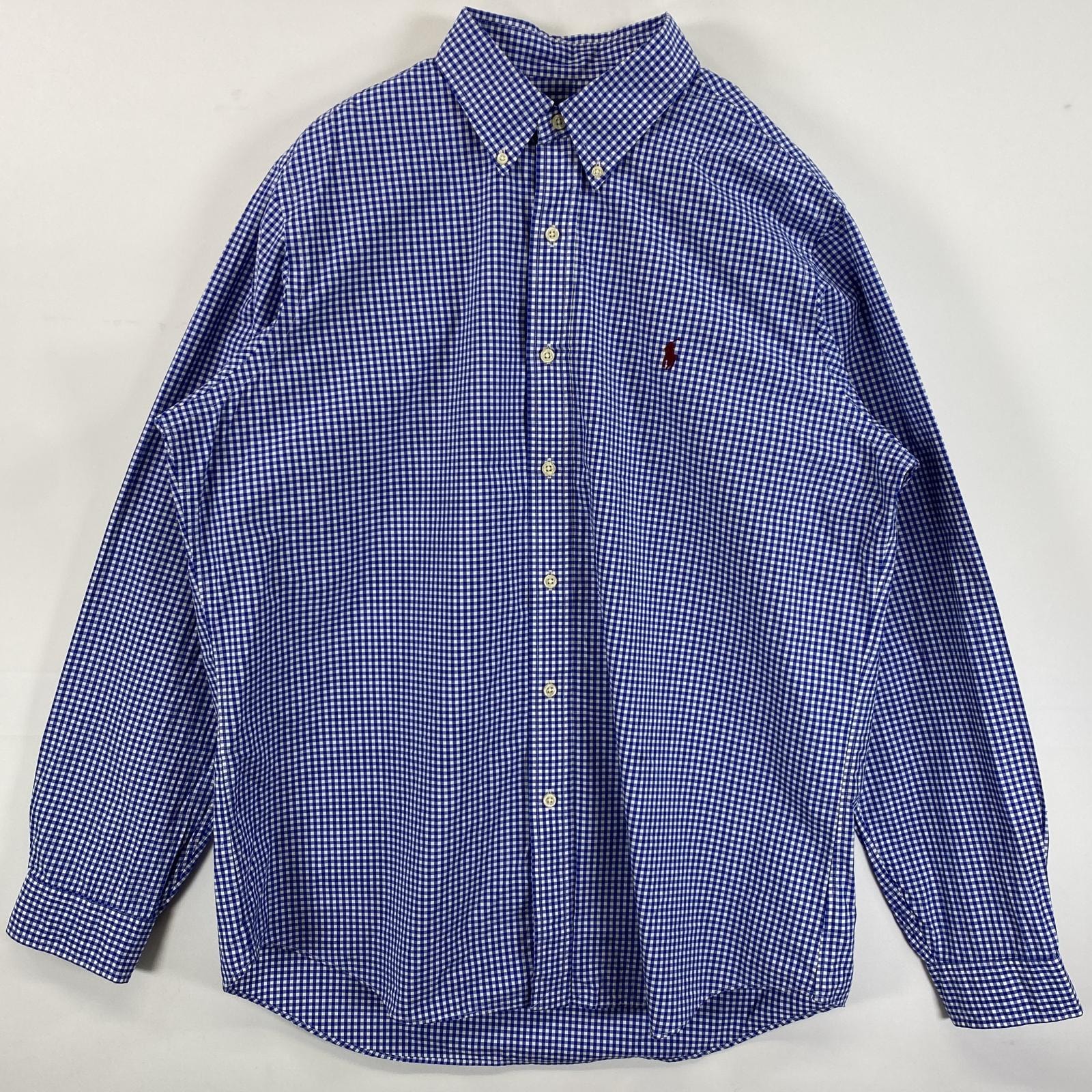 古着 ラルフローレン RALPH LAUREN 長袖シャツ ボタンダウン ロゴ刺繍 ワンポイント L  ブルー系 チェック メンズ