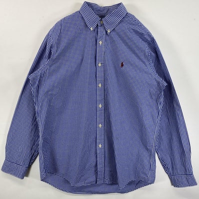 古着 ラルフローレン RALPH LAUREN 長袖シャツ ボタンダウン ロゴ刺繍 ワンポイント L ブルー系 チェック メンズ