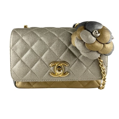 シャネル CHANEL ショルダーバッグ レザー グレー/ゴールド/ベージュ ゴールド レディース【中古】 z9355