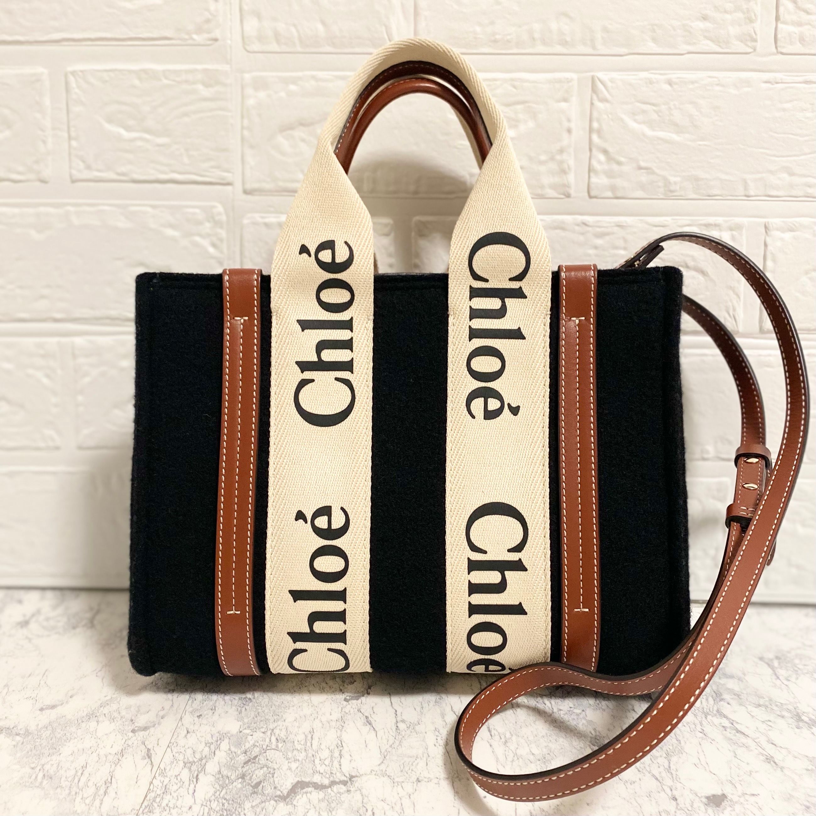 【極美品】クロエ ウッディ スモール トートバッグ ウール ブラック系