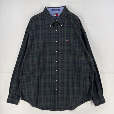 古着 トミーヒルフィガー TOMMY HILFIGER 長袖シャツ ワンポイント ロゴ 胸ポケット 大きいサイズ 2XL グリーン系 チェック メンズ