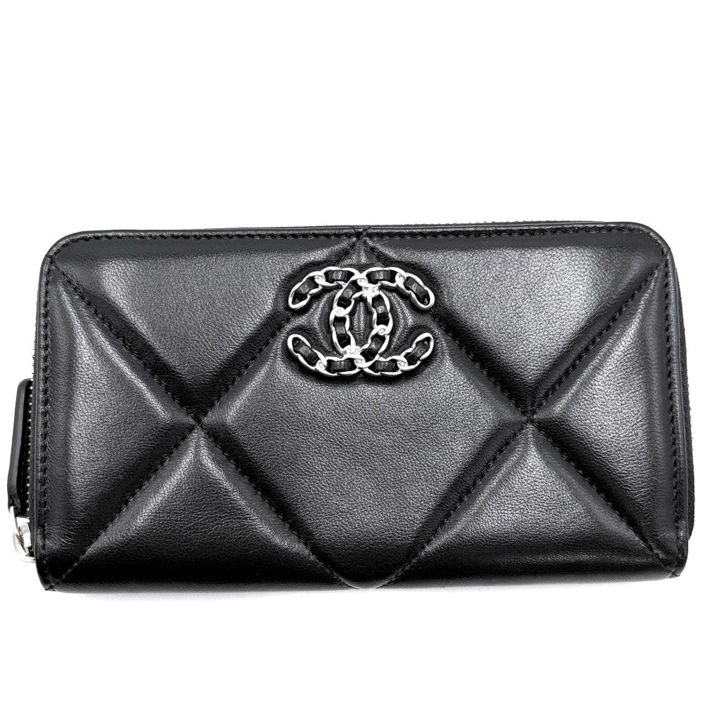 CHANEL シャネル 長財布 ラウンドファスナー ジップウォレット 19 ミディアム マトラッセ ココマーク ラムスキン    ブラック 黒 ゴールド金具 レディース 美品【中古品】