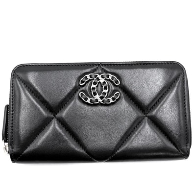 CHANEL シャネル 長財布 ラウンドファスナー ジップウォレット 19 ミディアム マトラッセ ココマーク ラムスキン ブラック 黒 ゴールド金具 レディース 美品【中古品】