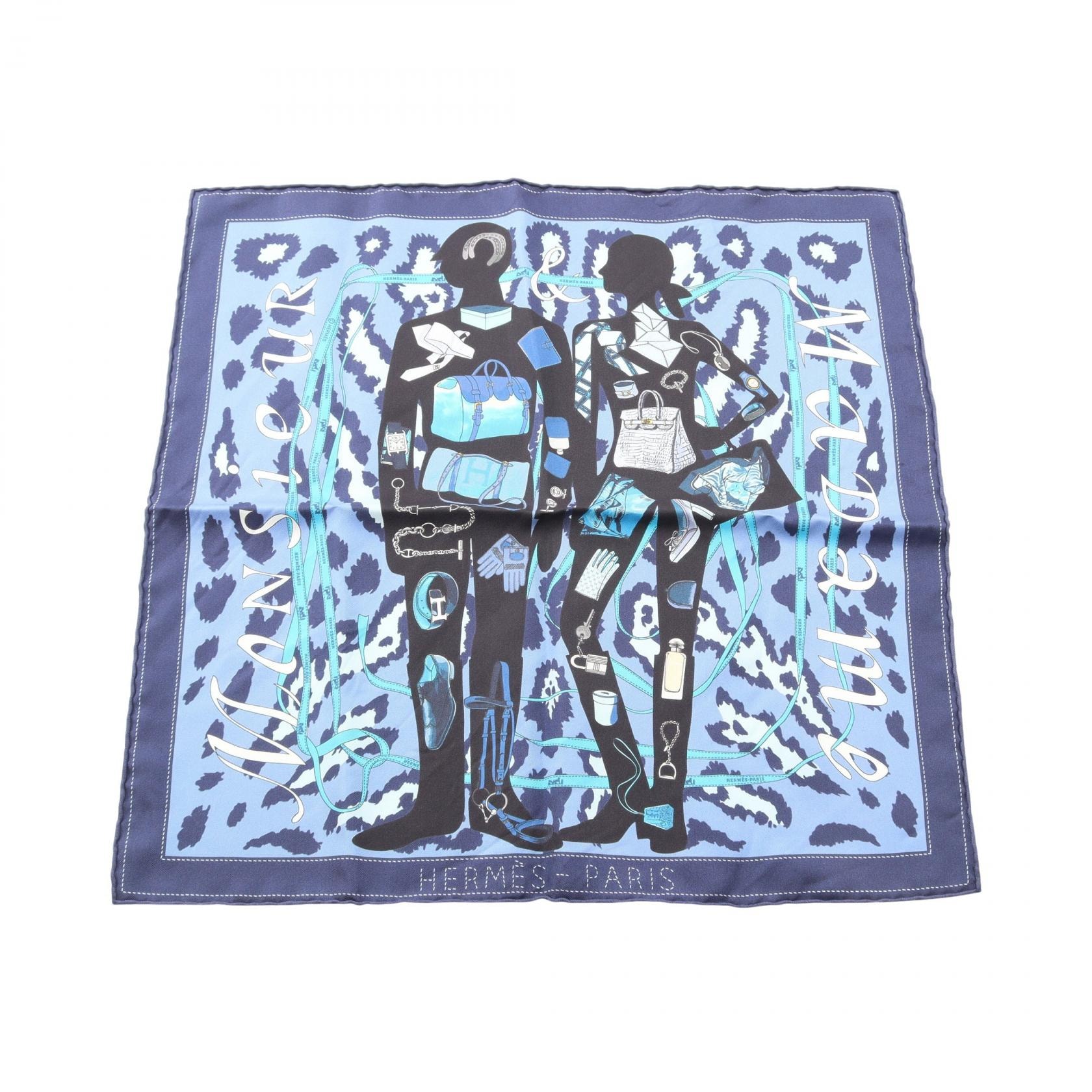 エルメス HERMES カレ45 MONSIEUR ET MADAME スカーフ 衣料品 シルク シルク レディース ブルー系 / マルチカラー 【中古】