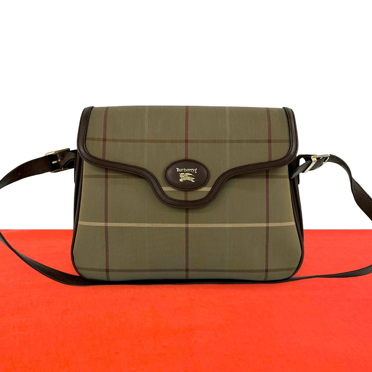 BURBERRY バーバリー シャドーホース ロゴ ノバチェック 柄 キャンバス レザー ショルダーバッグ カーキ
 22164
