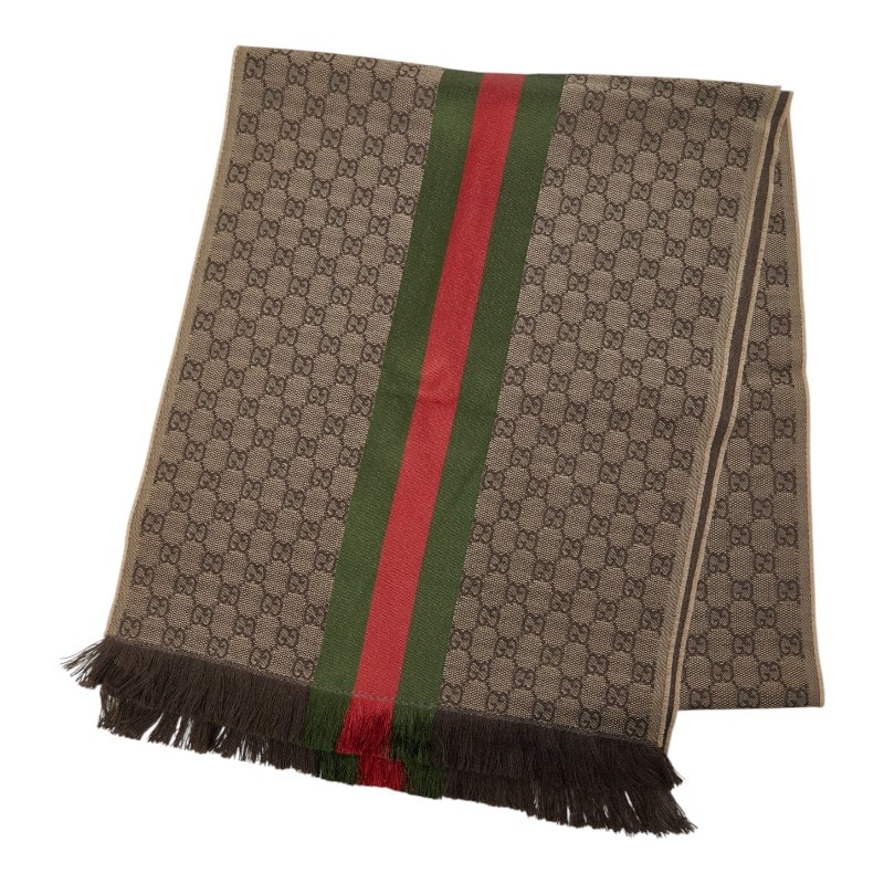 グッチ シェリーライン GGロゴジャカード マフラー 147351 ベージュ ウール シルク レディース GUCCI 中古