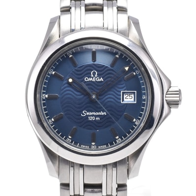 オメガ OMEGA 2571.81 シーマスター 120m デイト ブルー クォーツ レディース 美品 腕時計 N#148465