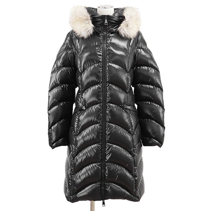 【極美品】MONCLER モンクレール ダウンコート ALBIZIA GIUBBOTTO ロゴ ワッペン コミックラベル フォックスファー 取外可 ヘリンボーン 杉綾模様 ナイロン100% ダウンジャケット アウター 付属有 レディース 2 黒 アルメニア製